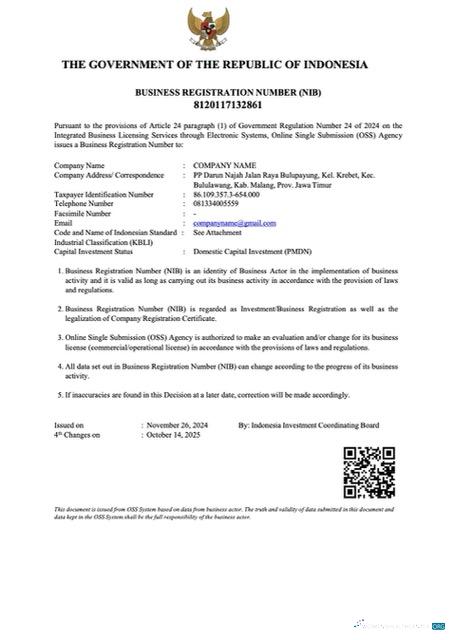 Download Indonesia business registration number Word and PDF template Photoshop template